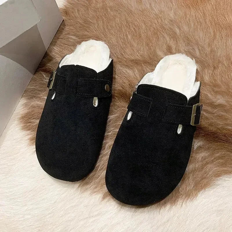 2025 Winter Fur Cotton Clogs Slippers Women Suede Short Plush Cork Nonslip Shoes Warm Soft Men Mules With Arch Support Shoes