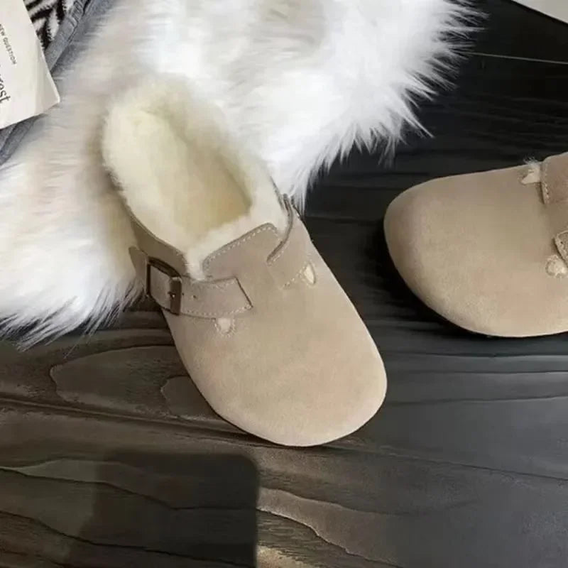 2025 Winter Fur Cotton Clogs Slippers Women Suede Short Plush Cork Nonslip Shoes Warm Soft Men Mules With Arch Support Shoes