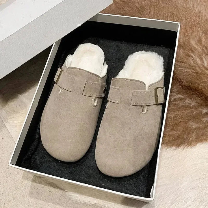 2025 Winter Fur Cotton Clogs Slippers Women Suede Short Plush Cork Nonslip Shoes Warm Soft Men Mules With Arch Support Shoes