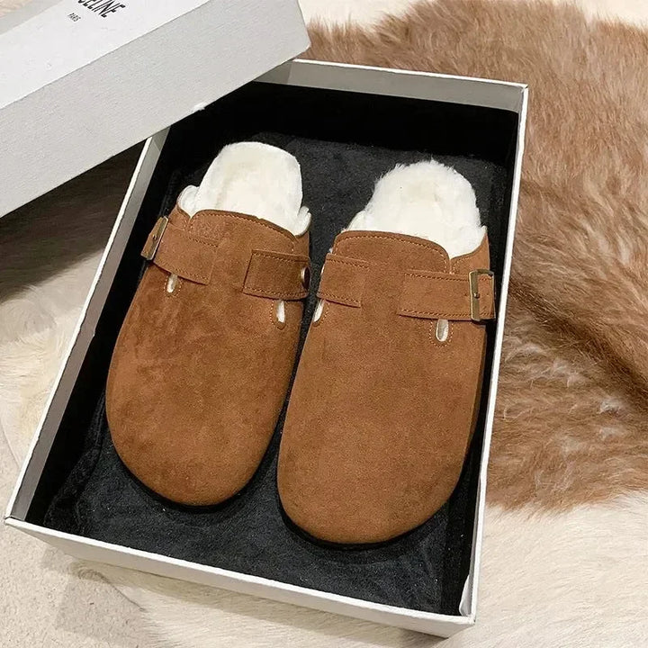 2025 Winter Fur Cotton Clogs Slippers Women Suede Short Plush Cork Nonslip Shoes Warm Soft Men Mules With Arch Support Shoes