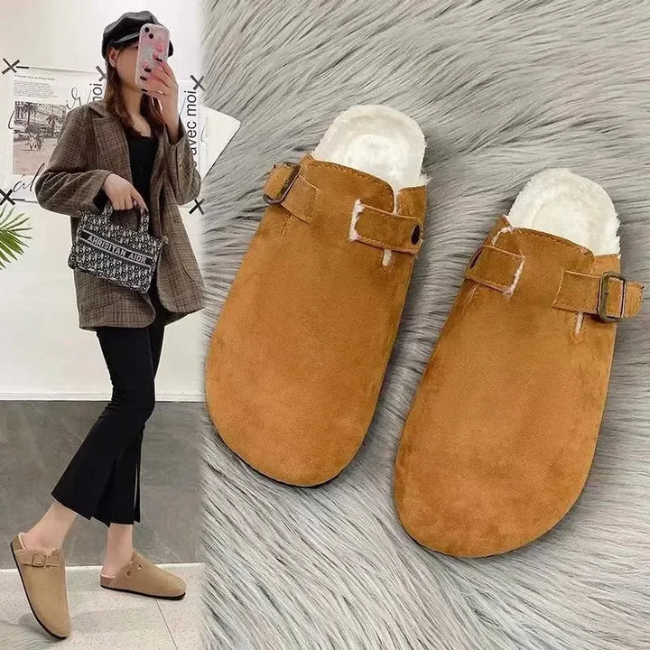 2025 Winter Fur Cotton Clogs Slippers Women Suede Short Plush Cork Nonslip Shoes Warm Soft Men Mules With Arch Support Shoes
